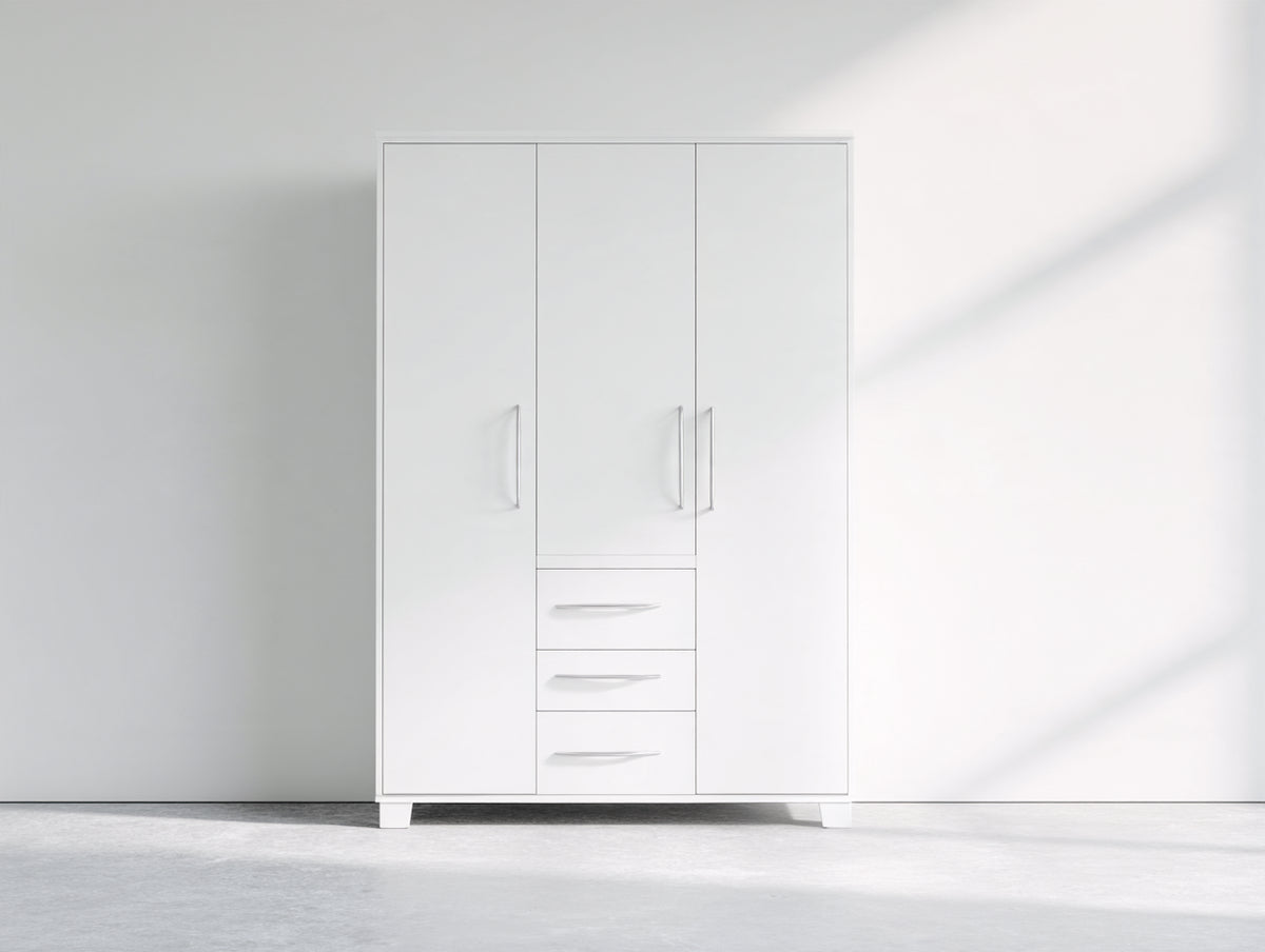 Armario de madera 120x55x200 cm - Blanco - 3 puertas y 3 cajones para dormitorio