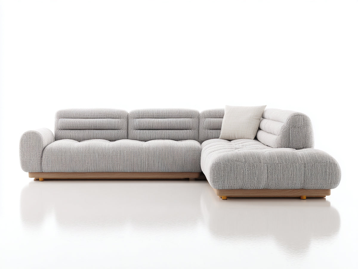 Sofá de esquina tapizado - 280 x 200 x 85 cm - gris claro - chaise longue y diseño moderno con base efecto madera