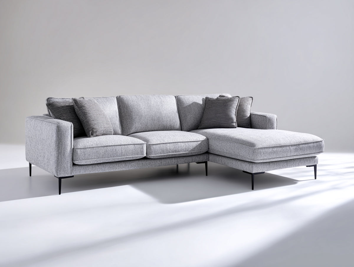 Sofá de esquina de tela 280x175x85 cm - gris claro - diseño moderno con chaise longue y patas metálicas