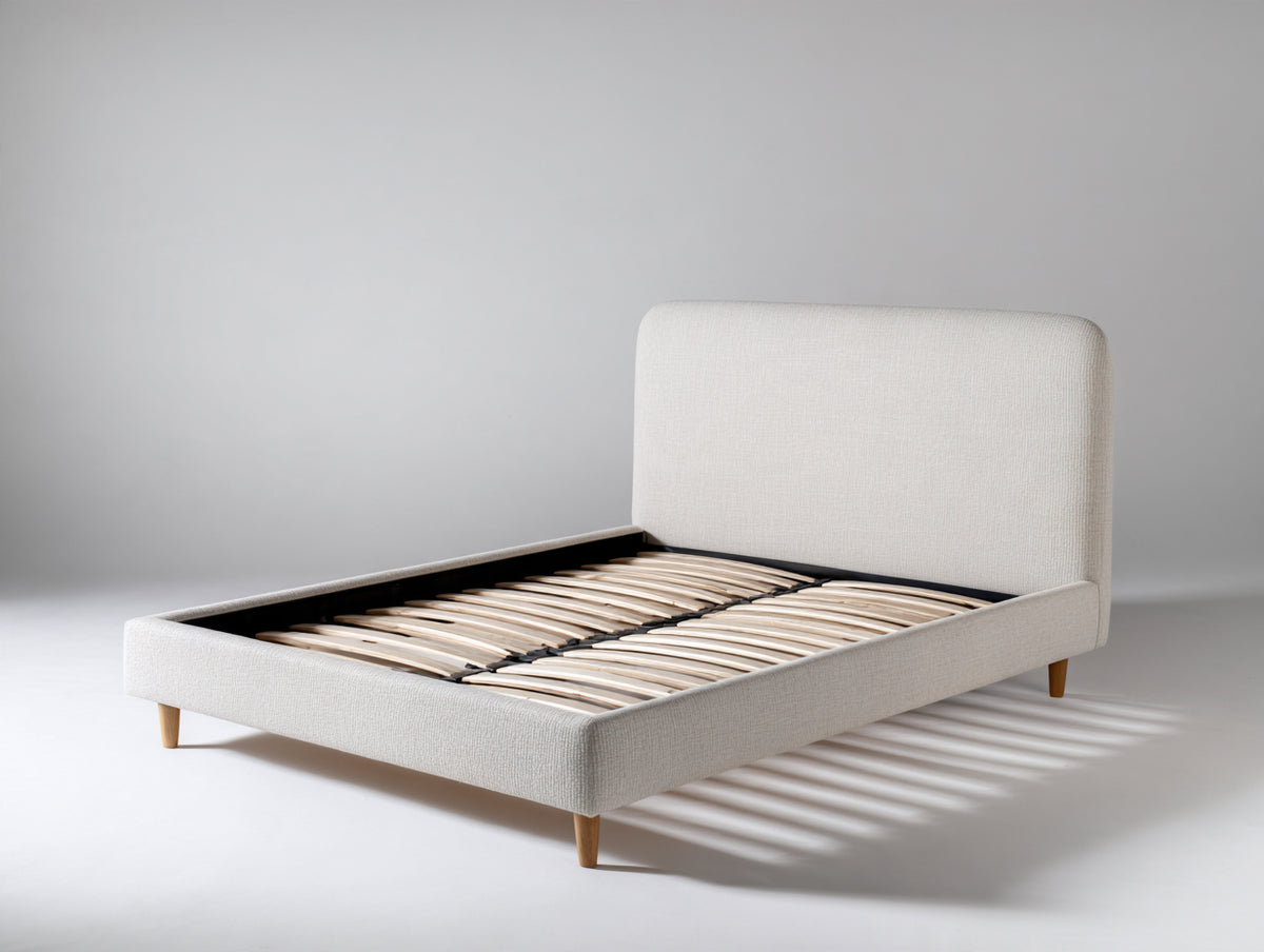 Cama doble tapizada - 200 x 160 x 105 cm - beige y madera natural - cabecero acolchado y somier de láminas