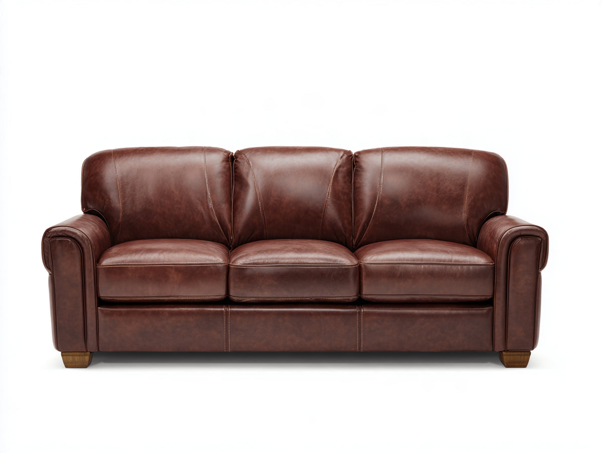Sofá de 3 plazas de cuero 215x95x90 cm - marrón - diseño clásico con reposabrazos acolchados