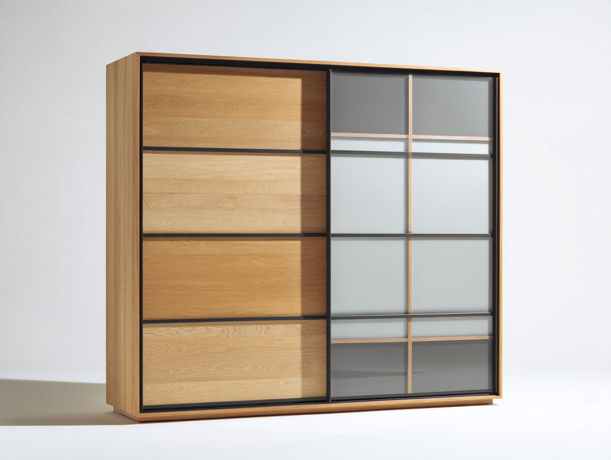 Armario de 2 puertas correderas - 200 x 60 x 200 cm - madera natural y gris - diseño moderno para dormitorio