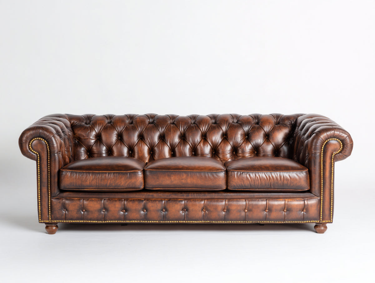 Sofá de 3 plazas tapizado 215x92x78 cm - marrón - diseño Chesterfield capitoné para salón