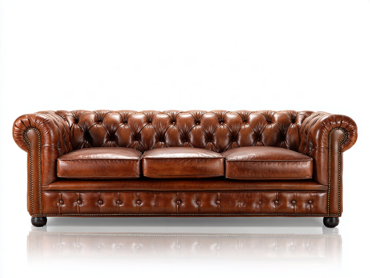 Sofá de 3 plazas tapizado - 230 x 95 x 78 cm - marrón - acabado efecto cuero capitoné y diseño clásico