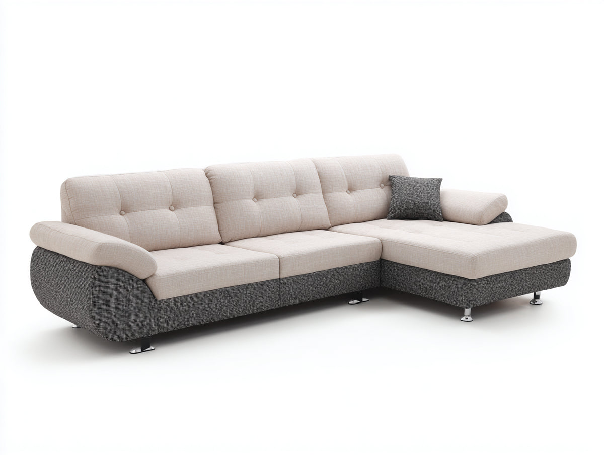 Sofá de esquina de tela beige y gris oscuro 285x180x88 cm - Diseño moderno con asiento amplio