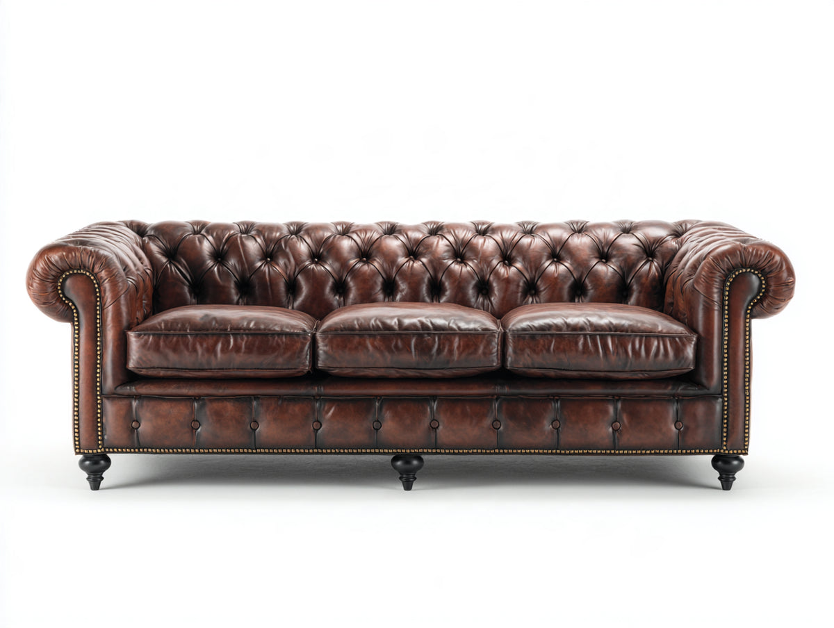 Sofá de 3 plazas tapizado 220x94x78 cm - marrón - diseño Chesterfield capitoné con brazos enrollados