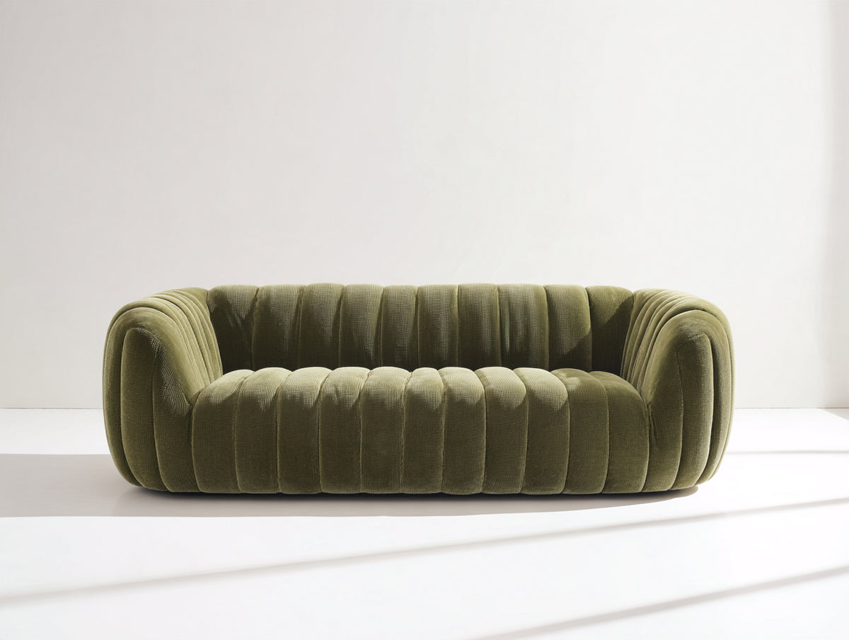 Sofá de 3 plazas de tejido acanalado 220x95x76 cm - verde oliva - diseño moderno con acolchado vertical
