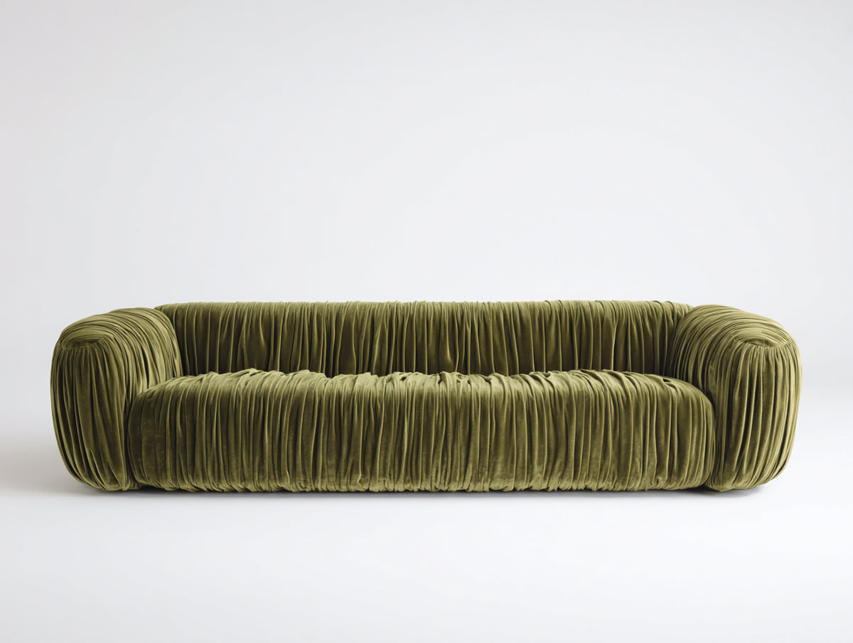 Sofá de 3 plazas 235x96x72 cm - Verde oliva - Diseño envolvente con acabado plisado