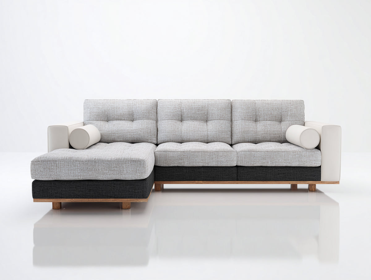 Sofá de esquina de tela 285x175x88 cm - gris claro y negro - diseño moderno con chaise longue