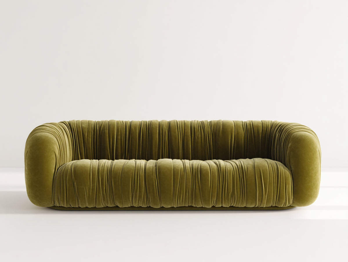 Sofá de 3 plazas tapizado 218x98x76 cm - verde oliva - diseño curvo con acabado plisado para salón