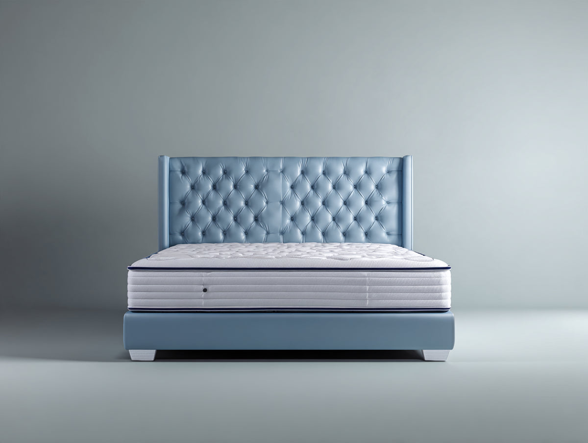 Cama doble tapizada 200x160x115 cm - azul claro-blanco - cabecero capitoné para dormitorio