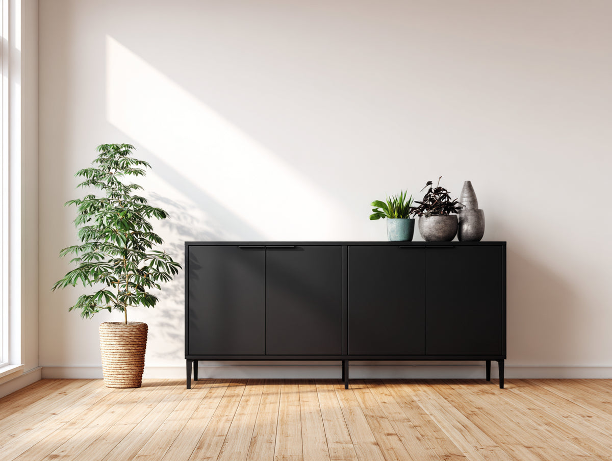 Mueble recibidor 180x40x90 cm - negro - aparador moderno con 4 puertas para entrada